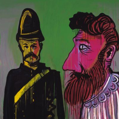 A painting of a police officer and a man with a red face